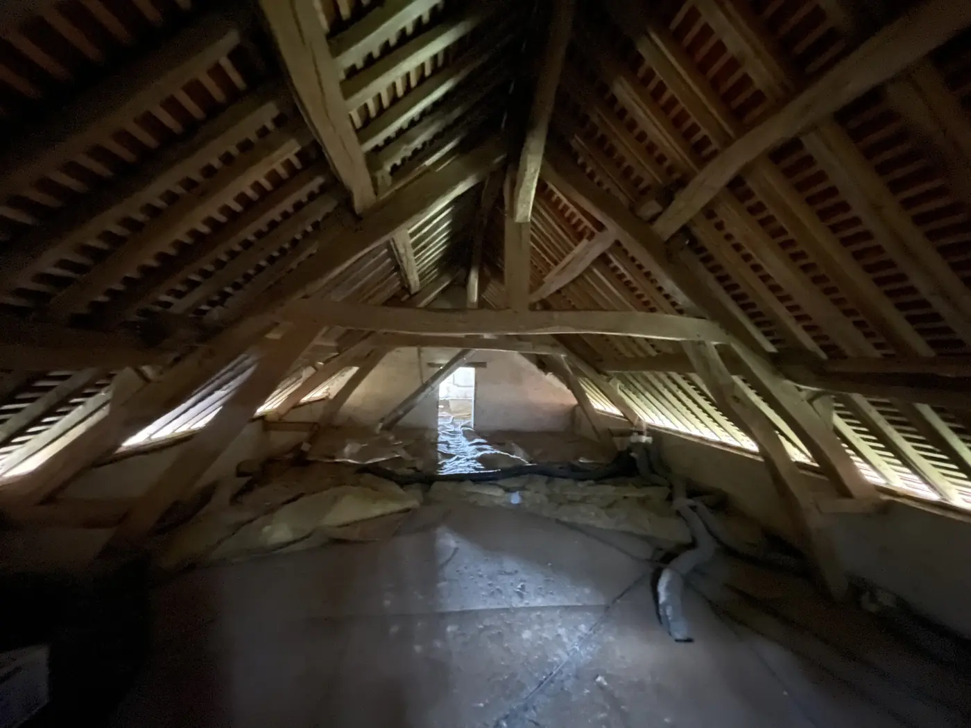 Combles avant travaux, charpente et isolation d'origine